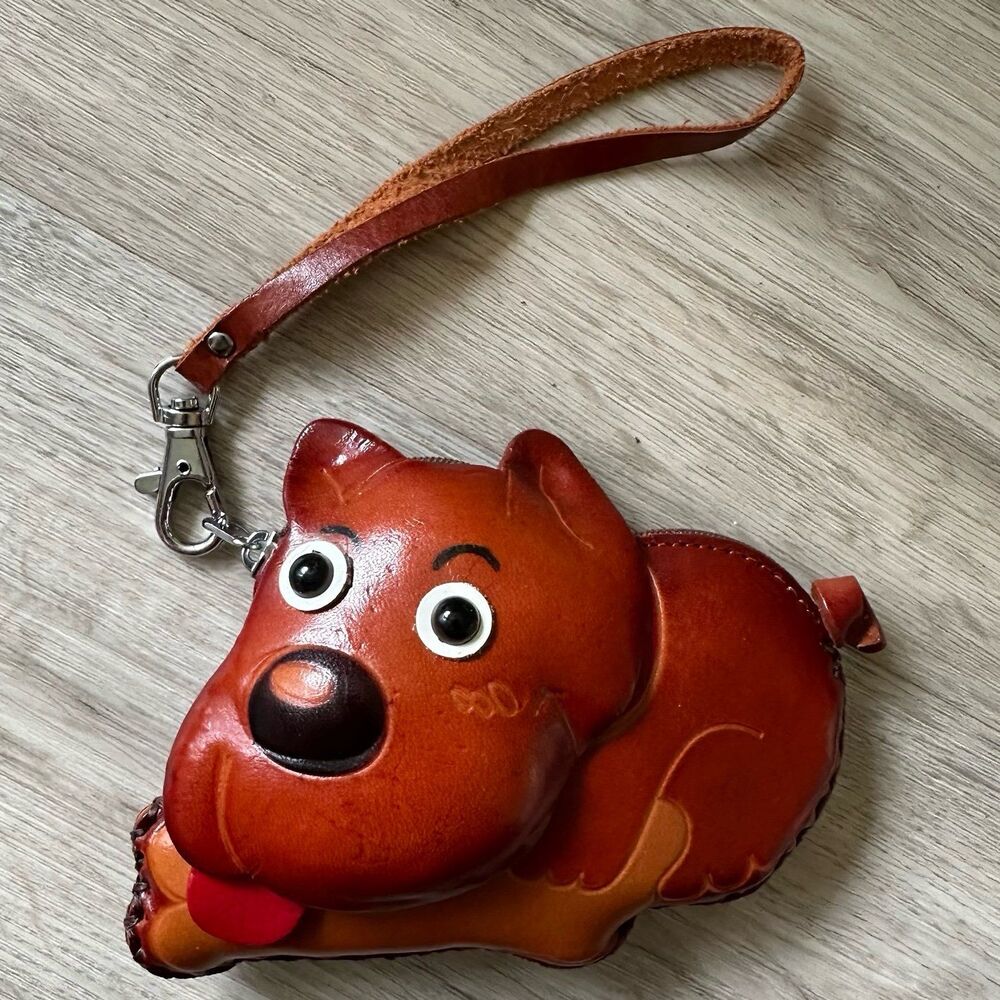 Handmade Leather Coin Pouch Change Purse Brown Dog Shape with Wrist Strap